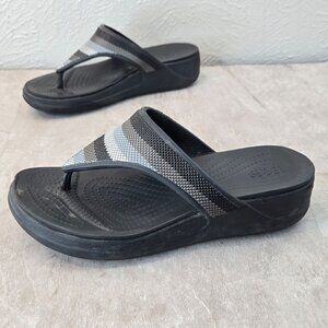 Crocs Monterey Beaded Thong Sandals Sz 7 Black Slip On Open Toe Wedge Flip Flops